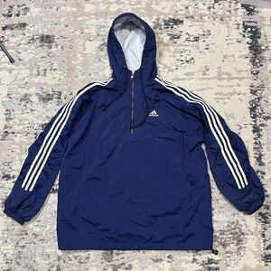 Vintage ADIDAS Pullover Men Anorak Jacket Windbreaker Navy Hood XL Stripes Lined